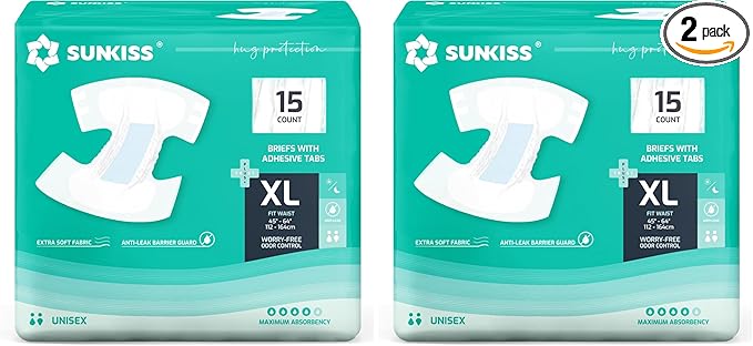 SUNKISS TrustPlus Adult Diapers with Maximum Absorbency, Unisex Disposable Incontinence Briefs with Tabs for Men and Women, Odor Control, XLarge, 15 Count (Pack of 2)