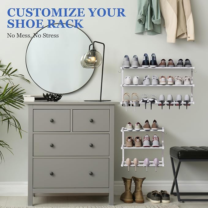 Wall Mounted Shoe Rack, 3 Tier Hanging Shoe Rack Holds 12 Pairs, 17"-30" Adjustable Heavy Duty Metal Shoe Organizer Holder with 2 Storage Hooks, Space Saving for Closet Entryway Doorway（White