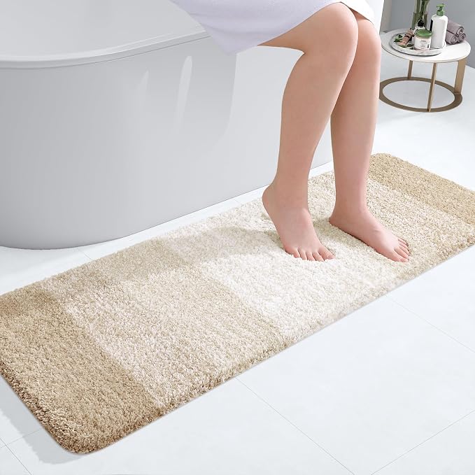 OLANLY Bathroom Runner Rugs Mat 47x17, Extra Soft Absorbent Microfiber Bath Rugs, Rubber Backing, Quick Dry, Washable Long Bath Mats for Bathroom, Tub and Shower, Home Decor Accessories, Light Beige