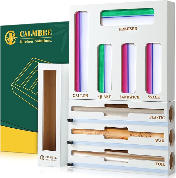 Calmbee 9 in 1 Bamboo Storage Bag Organizer for Kitchen Drawer – Plastic Wrap Dispenser with Cutter & Foil Organizer, Wooden Baggie Organizer for Sandwich, Snack, Gallon, Quart Sizes, White