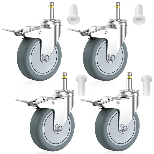 HOLKIE Stem Caster Wheels 4 inch Locking Casters Set of 4, 7/16-Inch Stem Diameter Swivel Castor Heavy Duty TPR Rubber Replacement Castors for Cart, Stool, Mop Bucket, Grill, Shop Vac