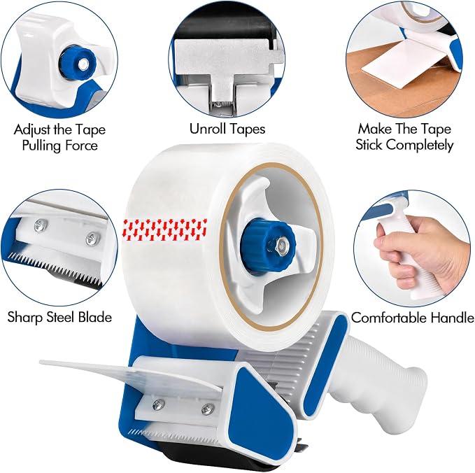 2 Pack Heavy Duty Packing Tape Dispenser Gun with 12 Pack Clear Packaging Tapes, 2 Inch Packaging Tape with Dispenser for Carton Sealing, Moving Boxes, Shipping (Blue)