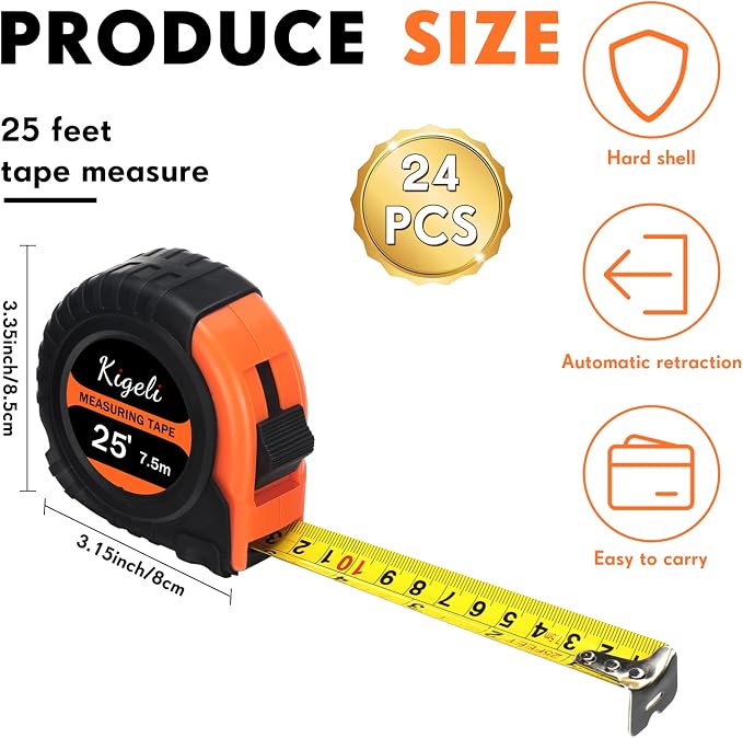 24 Pieces Tape Measure 25 Feet Retractable Measuring Self Locking Measurement Tape Bulk Easy to Read with Fractions, Metric Inches and Imperial Measurement