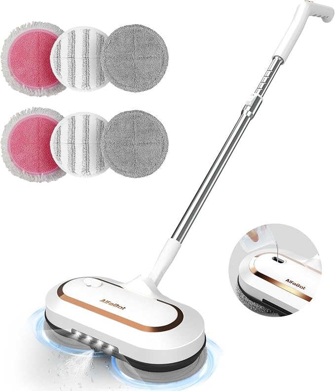 AlfaBot Cordless Electric Mop, Dual Spin Power Floor Cleaner with LED Headlight and Water Spray, 60-Min Runtime Self-Propelled Mop with Adjustable Tube for Hardwood, Tile, Marble and Vinyl Floors