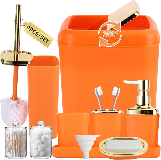 XLHOMO Bathroom Set, 9PC Bathroom Accessory Set, Orange Bathroom Accessories, Orange Bathroom Set, Trash Can, Soap Dispenser for Home Decor