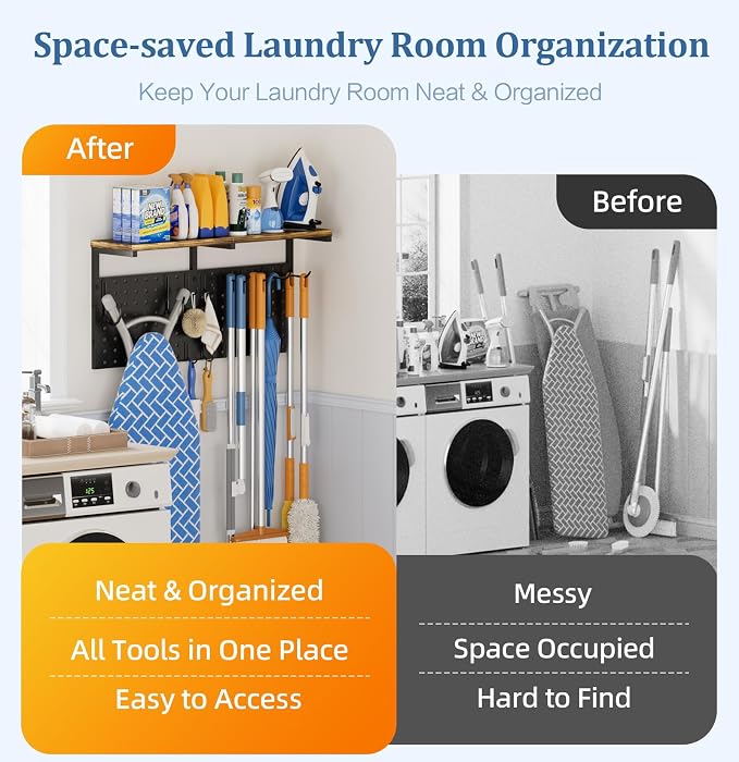 Ironing Board Hanger Wall Mount, Large Storage Iron and Ironing Board Holder, Laundry Room Storage Shelves with Ironing Board Broom Mop Holder, Laundry Accessories Organization and Storage Organizer