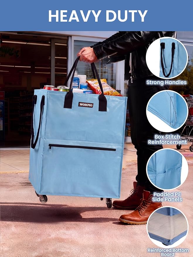 WORKPRO Medium Rolling Grocery Bag, 18-Gallon Shopping Tote with 4 Wheels | Reusable Grocery Bag on Wheels, Holds Up to 75 lbs, Heavy Duty Rolling Tote for Laundry, Groceries, Moving & Dorm Storage