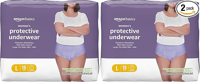 Amazon Basics Postpartum Incontinence Underwear for Women, Maximum Absorbency with Bladder Leak Protection, Fresh Protection, Disposable, Large, Lavender, 18 Count (Pack of 2)