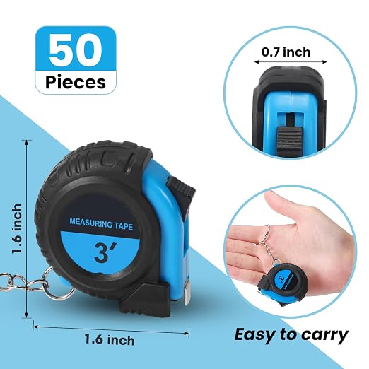 Xuhal 50 Pcs Mini Measuring Tape Keychains Small Measuring Tape Bulk Set 3ft Retractable Measurement with Pause Buttons for Engineer Crafter, Autowind and Lock(Blue)