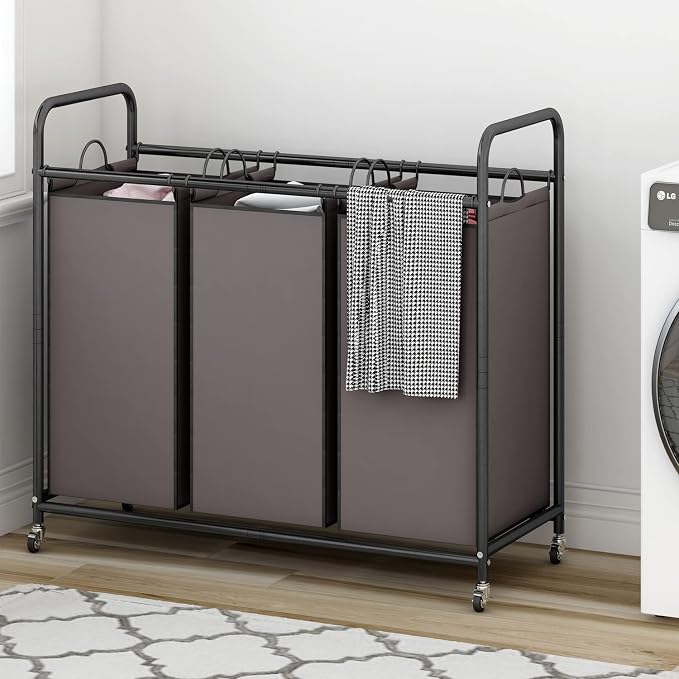 LINZINAR 3-Bag Laundry Sorter,Laundry Hamper Cart with Heavy Duty Rolling Lockable Wheels and Removable Bags (Brown) | Laundry Room Organization with Heavy Duty Rolling Lockable Wheels and Removable Bag, Bedroom Laundry Cart for Clothes Storage