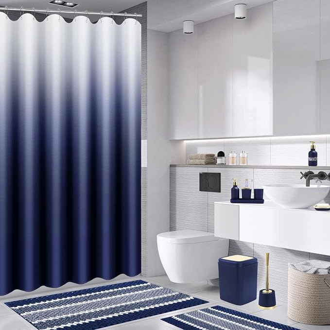 XLHOMO 25PCS Navy Blue Bathroom Accessories Sets Complete, with Shower Curtain, Rugs, Trash Can and Toilet Brush, Soap Dispenser, Toothbrush Holder and Cup, Soap Dish, Qtip Holder, Bathroom Decor Sets