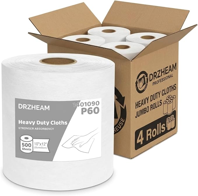4 Rolls Industrial Cleaning Wipes Jumbo Roll, Heavy Duty Lint Free Shop Towels, Super Absorbent Reusable Cleaning Cloths for Garage Workshop Automotive, 500 Sheets 12"x 10" (White, 10"X12")