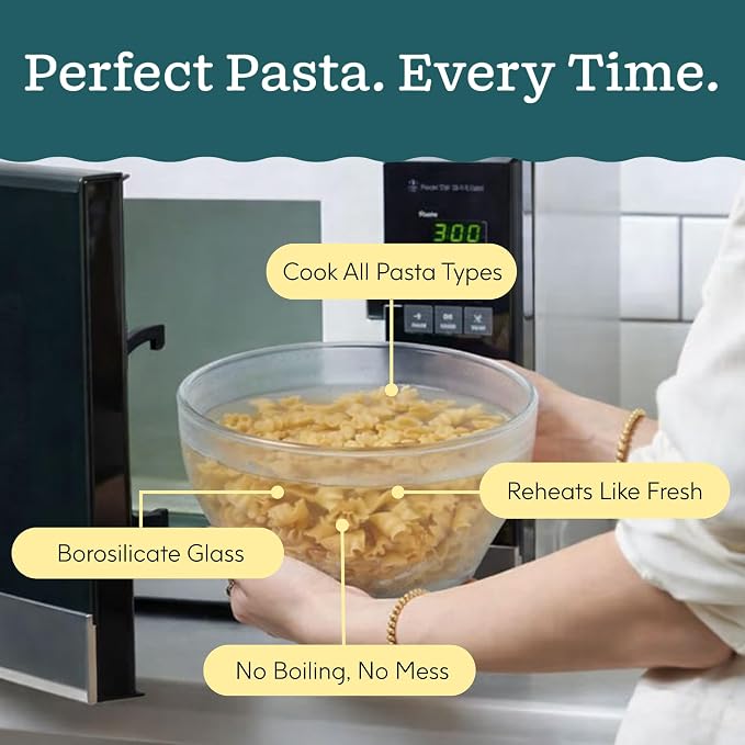 Anyday 8 Cup Glass Microwave Pasta Cooker (Clear Black Sesame) | BPA Free, Plastic Free, Spaghetti Cooker, Meal Prep, Stackable Airtight Nontoxic Storage Container, Vented Lid