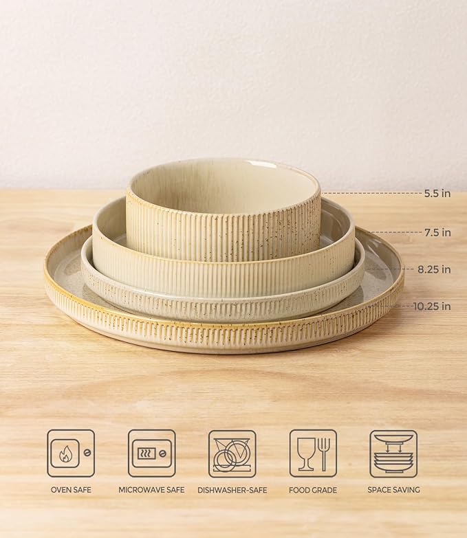 TheTerra Ceramic Dinnerware Sets with Pasta Bowls for 4, 16 Pieces Porcelain Lightweight Speckled Plates and Bowls Sets, Scratch Resistant Dish Set, Oven & Microwave & Dishwasher Safe, Cappuccino