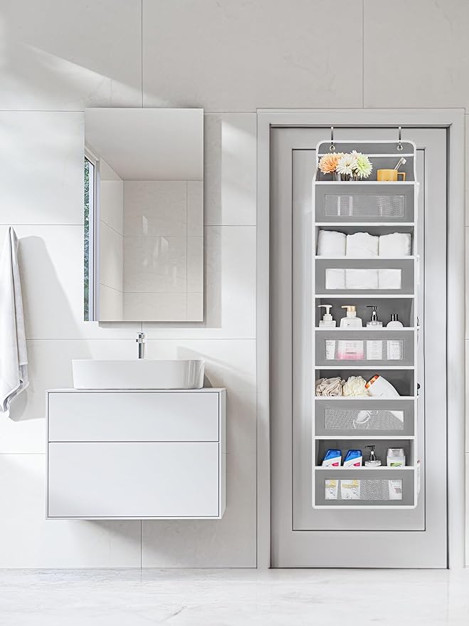 JARLINK Over the Door Organizer for Bedroom, Pantry, Bathroom, 5 Shelf Grey | Anti-Tilt Design, 44 lb Load Capacity, Hanging Door Organizer with 5 Large Capacity Pockets, Behind Door Storage for Nursery