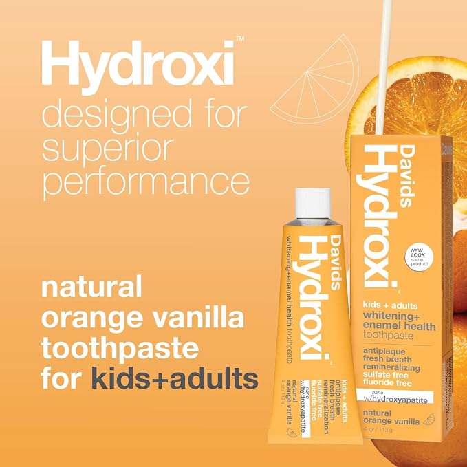 Davids Nano Hydroxyapatite Toothpaste Fluoride Free Orange Vanilla 4oz | Whitening | Remineralizing | Enamel Health | Antiplaque | SLS Free | Made in USA | Recyclable Metal Tube | EWG Verified