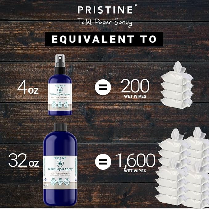 PRISTINE Toilet Paper Spray, As Seen on Shark Tank, Flushable Wipe Alternative, Personal Cleansing Bathroom Spray for Regular Toilet Tissue, Bidet Alternative, Made in USA, Rustic Bergamot, 32oz