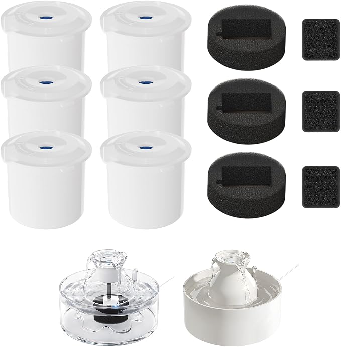 PETIMI Accessories Set (Replacement Filter & Water Pump Sponge) for Pet Water Fountain- 6 pcs Packed Filters and 3 pcs Packed Sponges, Fits PETIMI Glass & Ceramic Pet Fountain Series