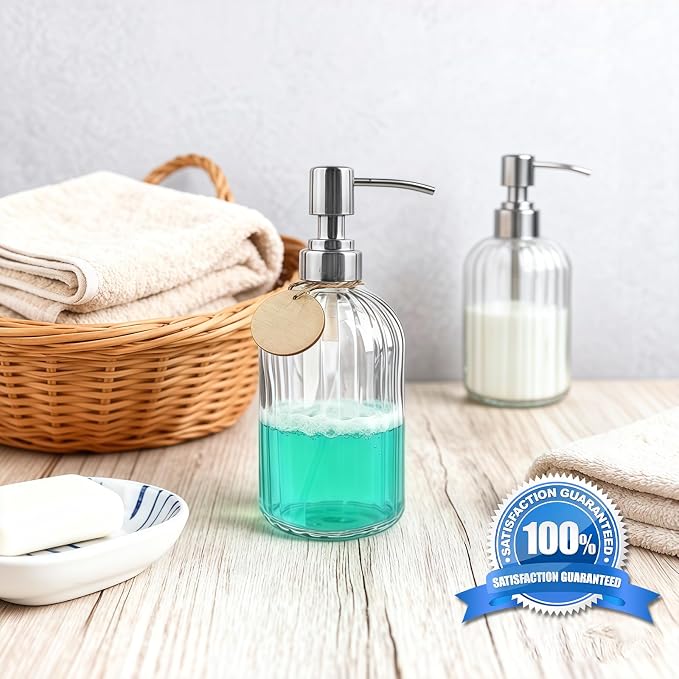 40 Pack Soap Dispenser Set with Stainless Steel Pump, Clear Glass Pump Dispenser, 18 Oz Refillable Empty Bottles for Hand Soap, Dish Soap, Shampoo&Conditioner, Kitchen Sink and Bathroom Decor.
