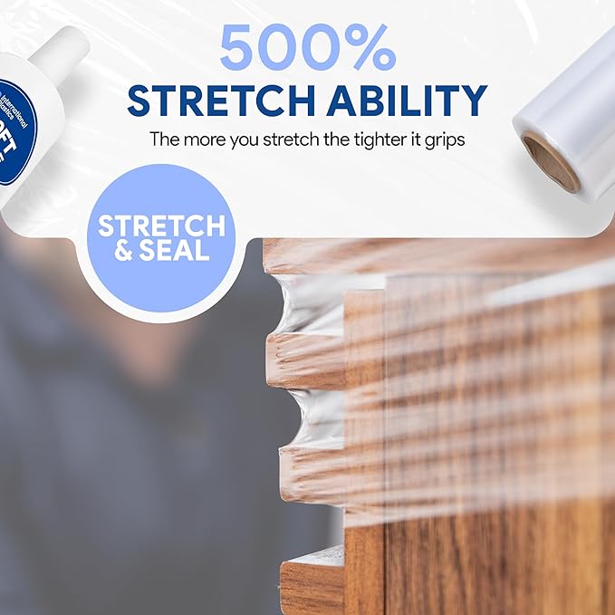 International Plastics Co. 18" Plastic Stretch Film/Wrap 1200ft 500% Stretch Clear Cling Durable Adhering Packing Moving Packaging Heavy Duty Shrink (5" Products, 32 Pack)