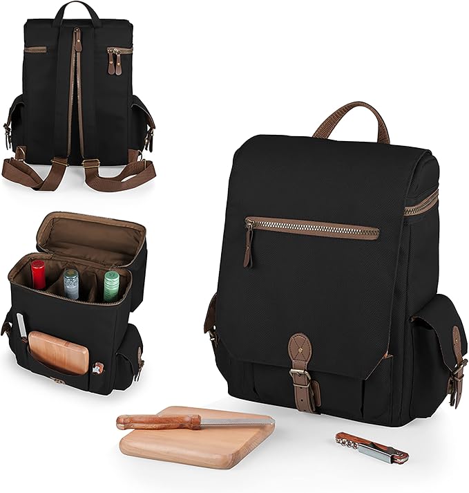 Picnic TIME Moreno 3-Bottle Wine & Cheese Tote, Luxury 3 Bottle Insulated Wine Bag Set with Cheese Board, Knife, & Corkscrew, Adjustable PaddedStrap, and Pockets, Romantic Kit for Couples, (Black)