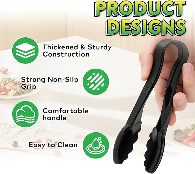 12 Pack Plastic Tongs for Serving, 9 Inch Heavy Duty Hard Plastic Serving Tongs with Scalloped Tips, Reusable or Disposable Serving Utensils for Buffets, BBQ, Bakery, Parties & Catering
