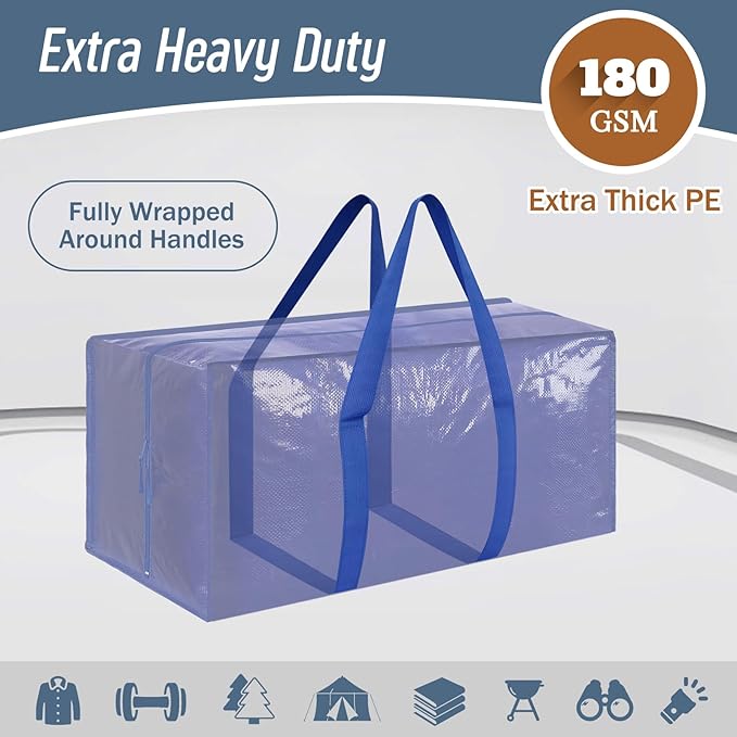 12 Pack Extra Heavy Duty Large Moving Bags with Strong Zipper, Blue | Comfortable Handles, Sturdy & Durable Clothes Storage Bags Totes Bins, Blue Packing Moving Boxes for College Supplies
