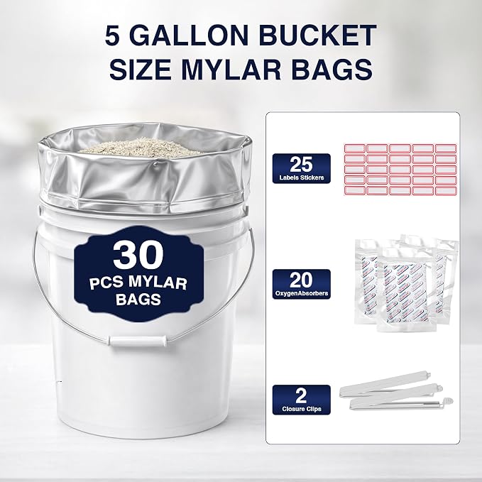 BELLE KR® 30 Pcs 5 Gallon Mylar Bags With 2000CC Oxygen Absorbers - Perfect Bucket Size - 11 Mil Thick - With Sticker Labels and Closure Clip - Smell Proof, Heat Resealable Large Mylar Bag