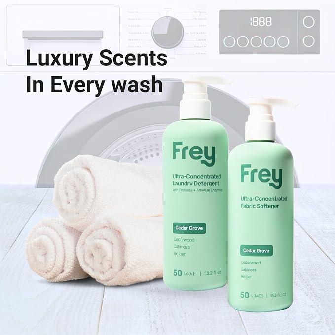 FREY Laundry Care Bundle: Concentrated Detergent & Fabric Softener, Cedar Grove Scent, HE-Compatible, Eco-Friendly