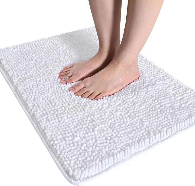 LOCHAS Luxury Bathroom Rug Shaggy Bath Mat 24 x 36 Inch, White | Washable Non Slip Bath Rugs for Bathroom Shower, Soft Plush Chenille Absorbent Carpets