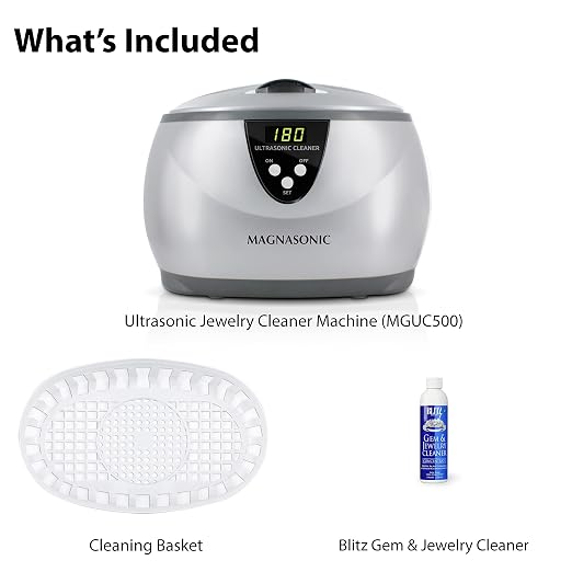 Magnasonic Ultrasonic Cleaner, 20oz Stainless Steel Tank, Digital Timer, 5 Cleaning Modes, w/ 8oz Gem & Jewelry Cleaner Concentrate Solution for All Jewelry, Eyeglasses, Watches, Dentures, Retainers