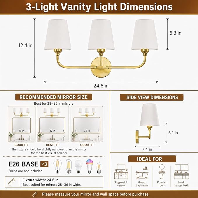 Bathroom Vanity Light, Brushed Gold Bathroom Light Fixtures, 3-Light Lighting Fixtures Over Mirror, Modern Wall Sconce with Flared White Fabric Shade, E26 Socket(ETL Listed)