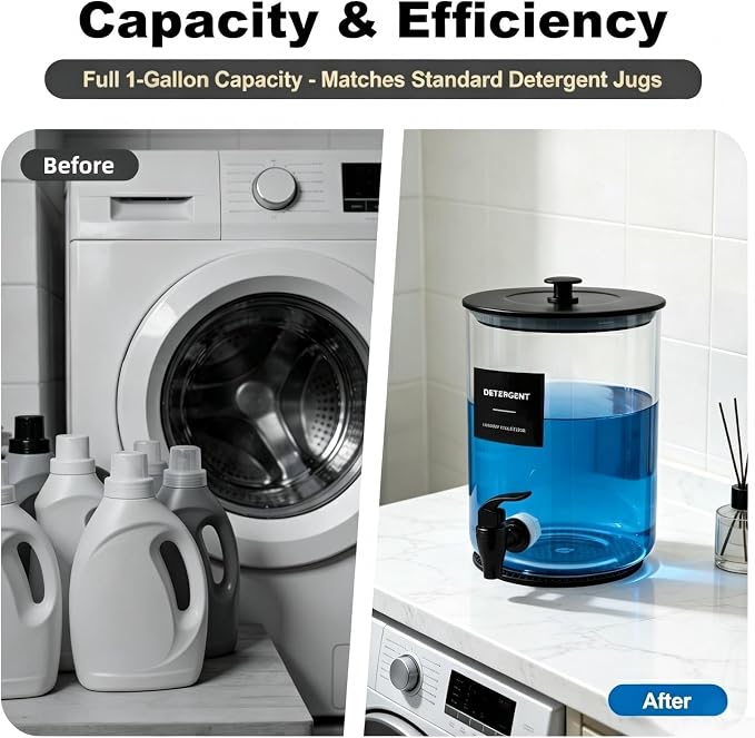 Glass Laundry Detergent Dispenser,1 Gallon Large Liquid Soap 1Pack(Black) | Complete borosilicate jars set with leakproof spigots, protective silicone mats, minimalist labels, and dosing cups.