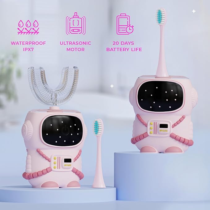 Bendi Kids Electric Toothbrush, U-Shaped Astronaut Design, Ages 2-7, Pink | Sensory-friendly design, 360 whole mouth clean, self-brushing 5 modes, automatic memory, girls 4-6, mouthguard, multi heads