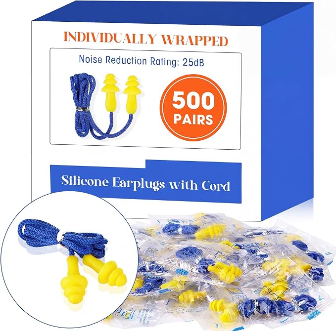 Relaxweex 500 Pairs Corded Ear Plugs Bulk 25dB NRR Reusable Silicone Ear Plug with String Individually Wrapped Earplugs for Sleeping Noise Reduction Hearing Protection Shooting Work (Blue Yellow)