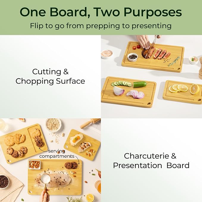 Keechee Bamboo Cutting Board, Cutting Board for Kitchen with Handles | Deep juice grooves, built-in handles, versatile 3 piece set for everyday cooking and chopping