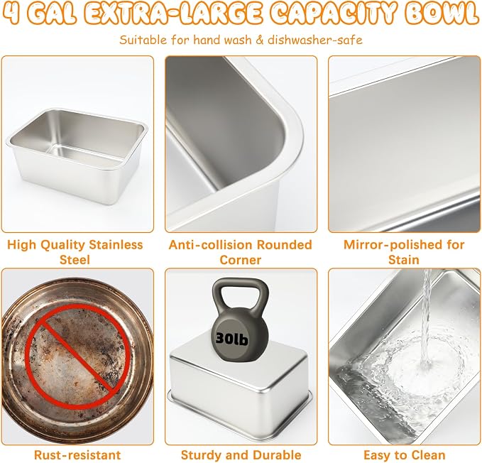 BWOGUE 4 Gal Elevated Dog Water Bowl, Stainless Steel Bowl for Large Dogs | Elevated Water Bowl for Dogs, Raised Dog Water Bowl, 4 Heights 9/11/13/15 in, Non-Slip Base, XL Breeds, Joint Pressure Relief