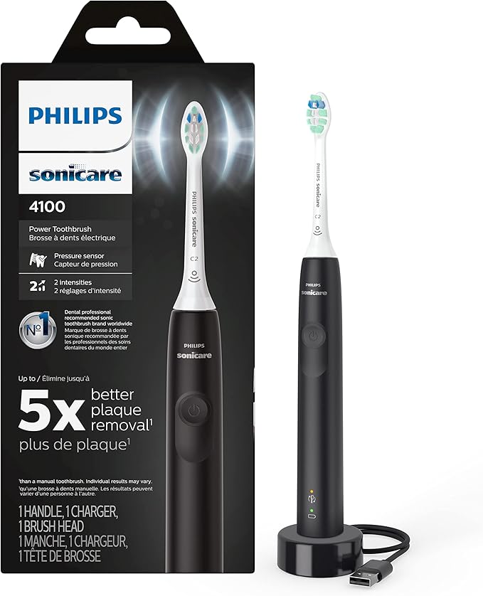 Philips Sonicare 4100 Electric Rechargeable Power Toothbrush, Black, with Genuine Philips Sonicare Optimal Plaque Control Replacement Toothbrush Heads, White, 3 Pack