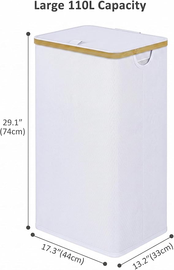 iEGrow 110L Laundry Hamper with Lid，Dirty Clothes Hampers for Laundry,Laundry Basket with Bamboo Handles and Removable Bag,Hamper for Bedroom, Bathroom, Dorm, Laundry Room, White