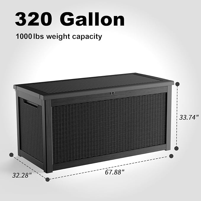 DRATO 320 Gallon Deck Boxes Outdoor Waterproof, Lockable Outdoor Storage Box for Patio Furniture Pool Supplies Garden Tools, Weatherproof Resin Storage Box for Backyard (Black, 320 Gallon)