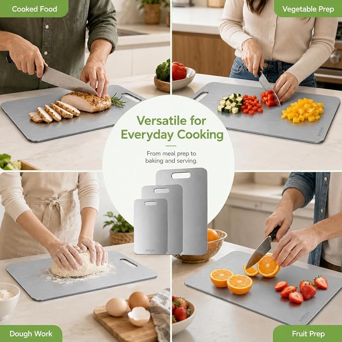 Titanium Cutting Board Set of 3, Titanium Cutting Boards for Kitchen, 100% Double-Sided Titanium Cutting Boards, Separate Raw and Cooked Food Areas, Non-Toxic, Dishwasher Safe (S+ M + L)
