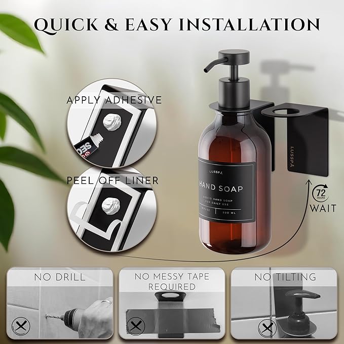 Shower Shampoo Dispenser Wall Mounted – Refillable 16.9 oz Amber Bottle with Stainless Steel Pump & No-Drill Adhesive Holder – Soap Dispenser for Bathroom (1 X Amber/Black)