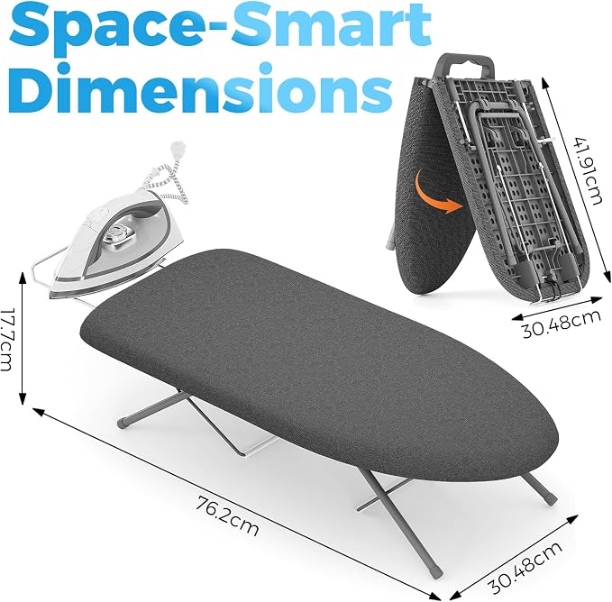 KINGBOARD Tabletop Ironing Board, Small Ironing Boards with Iron Rest, Folding Iron Board, Extra Thick Cover, Portable Tabletop Ironing Board with Non-Slip Feet, 30x12 Black