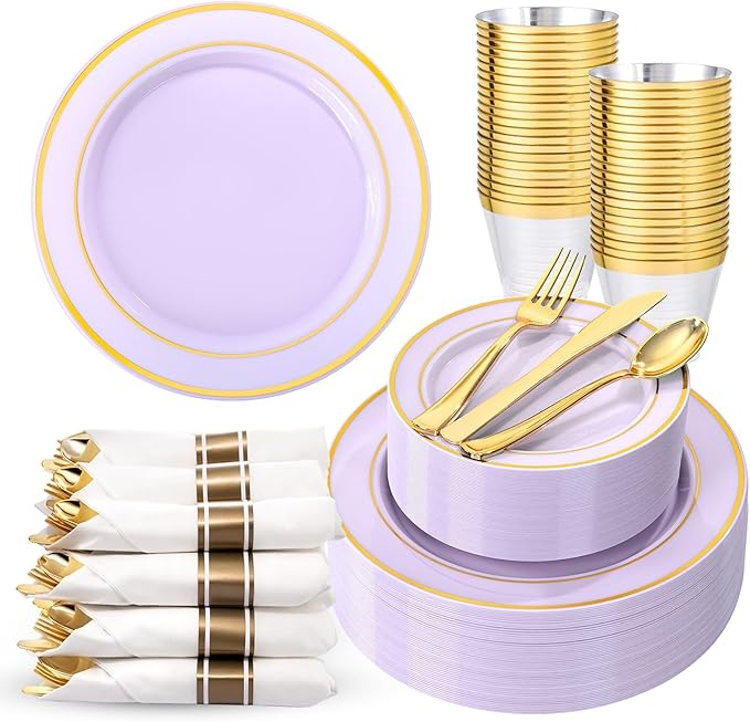 WDF Partyware 350PCS Purple Plates Disposable - Purple Plastic Plates 50Guests Lavender Disposable Dinnerware Sets with Rolled Napkins for Wedding/Birthday/Baby Shower/Bridal Shower