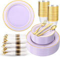 WDF Partyware 350PCS Purple Plates Disposable - Purple Plastic Plates 50Guests Lavender Disposable Dinnerware Sets with Rolled Napkins for Wedding/Birthday/Baby Shower/Bridal Shower