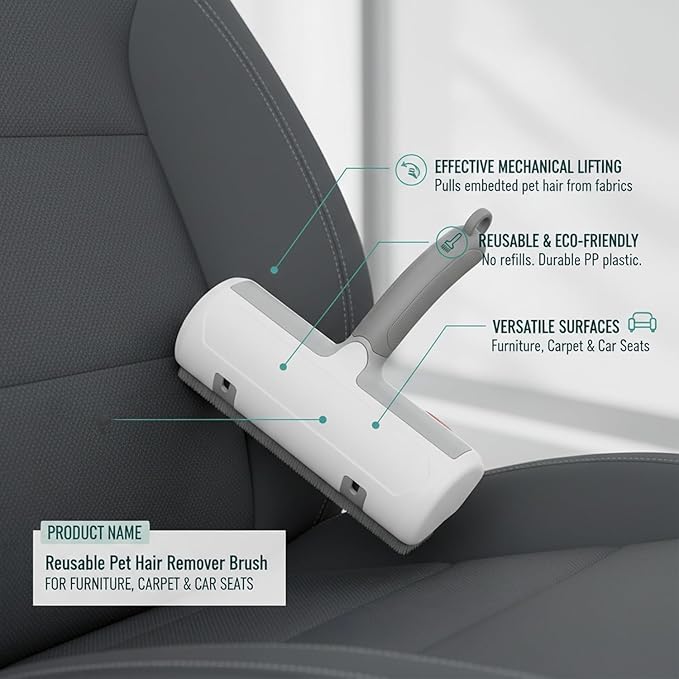 Reusable Pet Hair Remover Brush for Furniture, Carpets & Car Seats - Mechanical Lint Removal Tool with Durable PP Handle