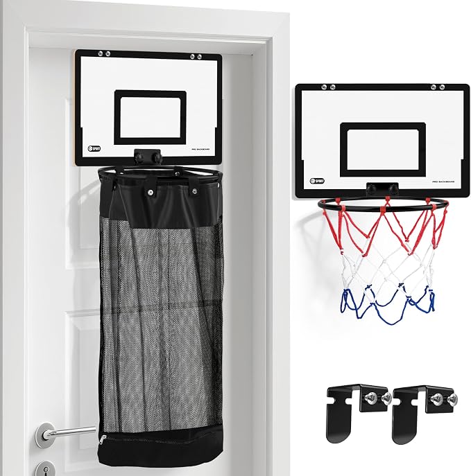 Basketball Hamper, 2-in-1 Wooden Laundry Basket for Boy/Teens/Bedroom | Hanging Dirty Clothes Storage Hamper with Basketball Hoop & Zipper for Space Saving, Over the Door, Dorm Bathroom Use