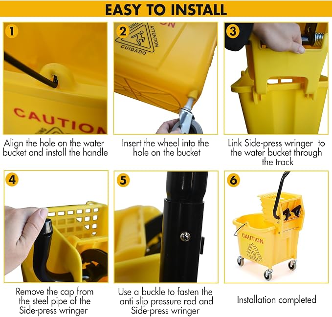 KULED Commercial Mop Bucket with Side Press Wringer, Including Wet Floor Caution Sign and One Industrial Mop with 2 Mop Heads, for Floor Cleaning and Mopping, 38 Quart, Yellow