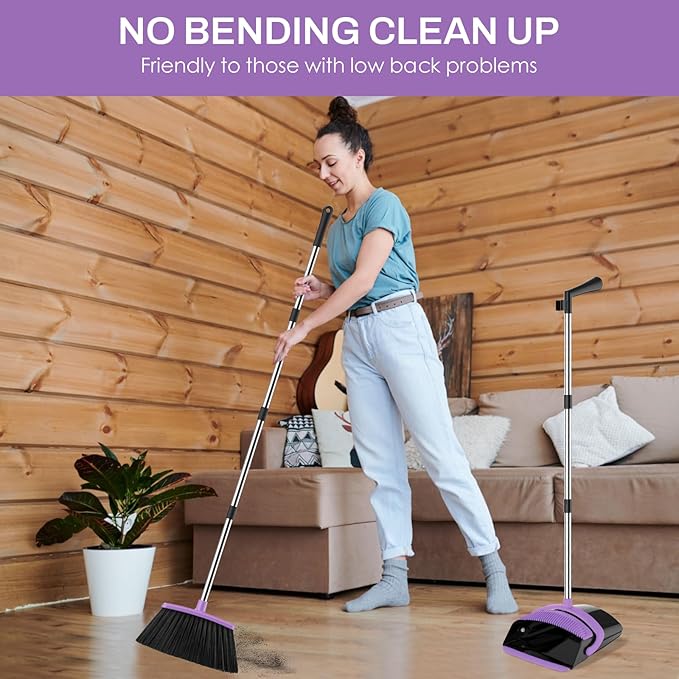 Broom and Dustpan Set for Home, 51-in Long Adjustable Handle Angle Broom and Dustpan Combo Set with Dust Pan Teeth to Clean Hair for Home Kitchen Office Lobby Floor Garden (Black&Purple)