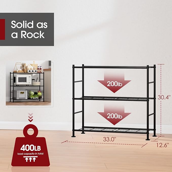 Sakugi Storage Shelves - 3 Tier Shelf Organizer, Heavy Duty Garage Shelving Unit with Leveling Feet, Stable Metal Shelves Organizer for Pantry, Kitchen and Closet, 33.0" W x 12.6" D x 30.4" H, Black